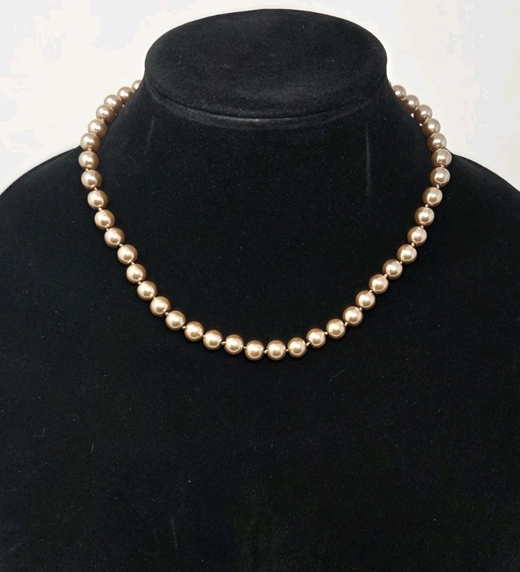 Taupe Faux Pearl Necklace 17 Inches Knotted 8mm Beads Vintage Sheen Unsigned