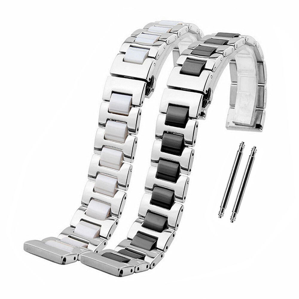 14mm 16mm 18mm 20mm 22mm Black White Stainless Steel + Ceramic Watch Strap Band