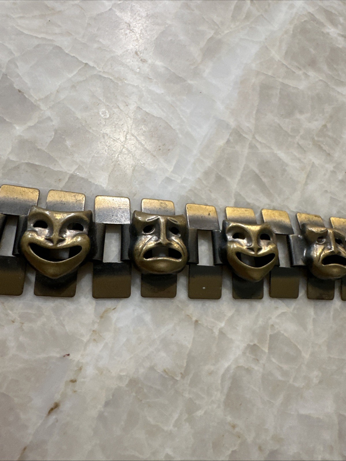Vintage Brass Tone Comedy Tragedy Theater Mask Panel Bracelet MCM Unsigned