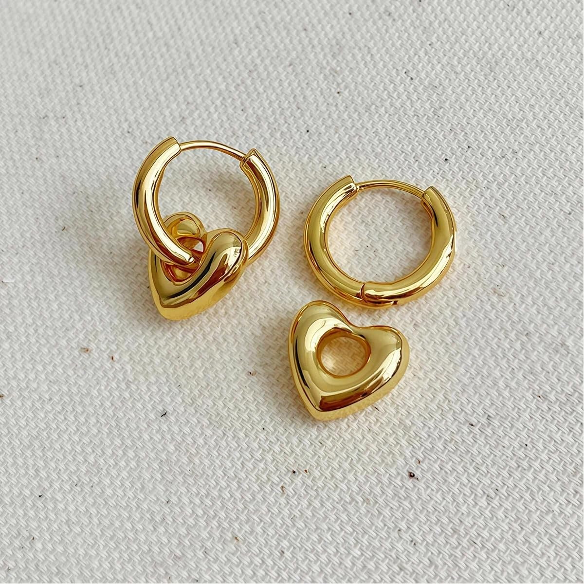 18K Gold Plated Heart Hoop Earrings for Women – Hypoallergenic Stainless Stee…