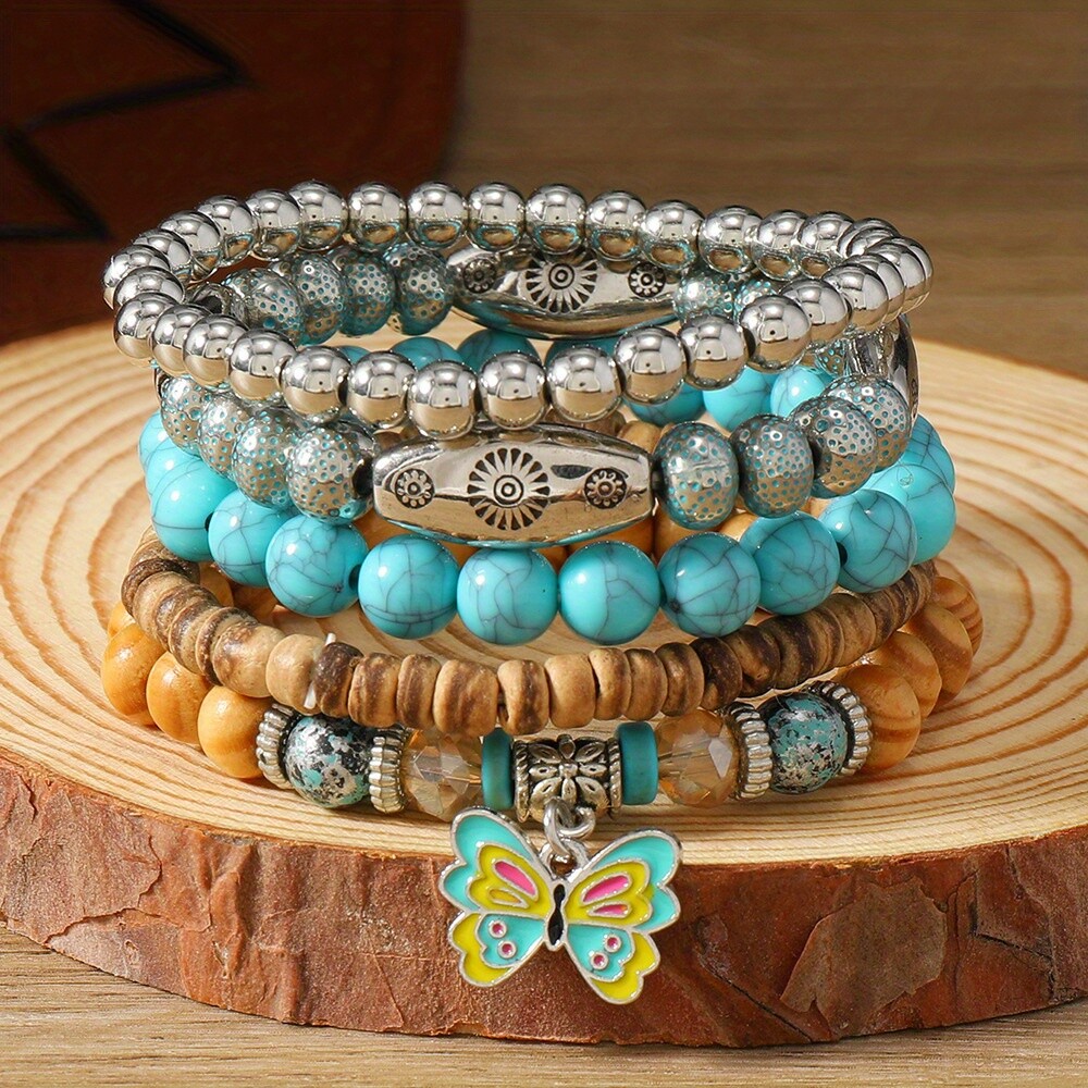 15pcs Bohemian Style Wooden Bead Bracelet Set Multi-Layer Stretch Bead Bracelet