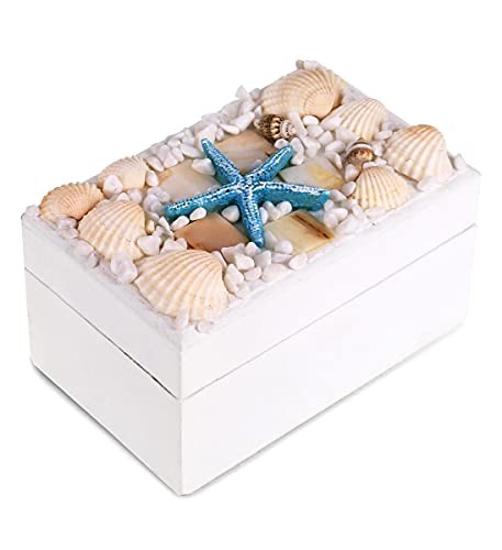 Oceanic White Wooden Jewelry Box – Handcrafted Nautical Trinket with Seashell