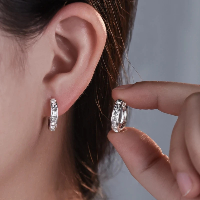 925 Sterling Silver Plated Square CZ Huggie Hoop Earrings 16mm Unisex Gift
