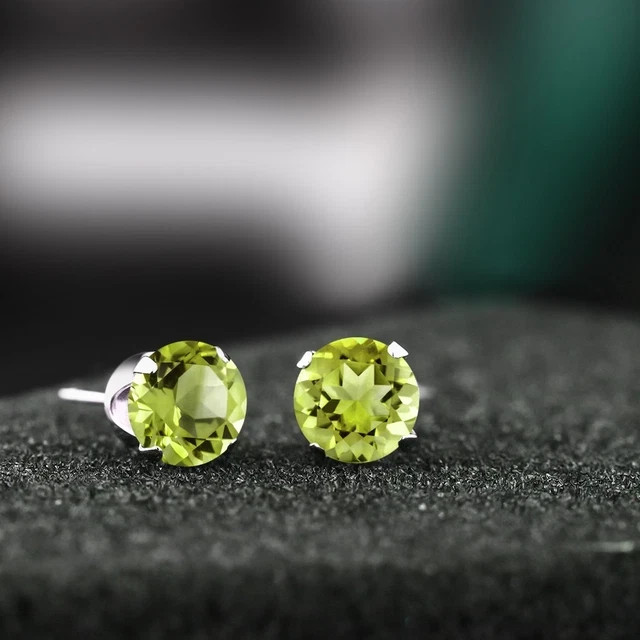 200 Ct Round Cut Simulated Diamond Peridot Solitaire Stud 14k White Gold Plated