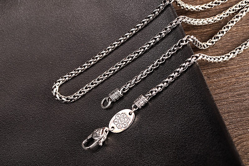 Men’s Thai Sterling Silver Spiga/Wheat Chain, 925, Reversible Lotus Tag Necklace