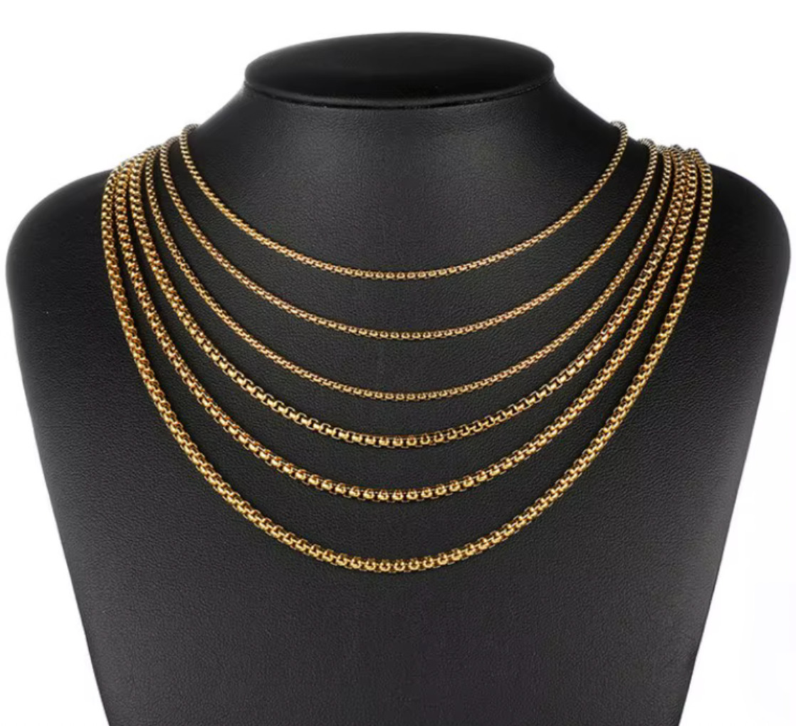 18K Gold Plated Stainless Steel Box Chain Necklace Men Women 18-24 inches, 2-4mm
