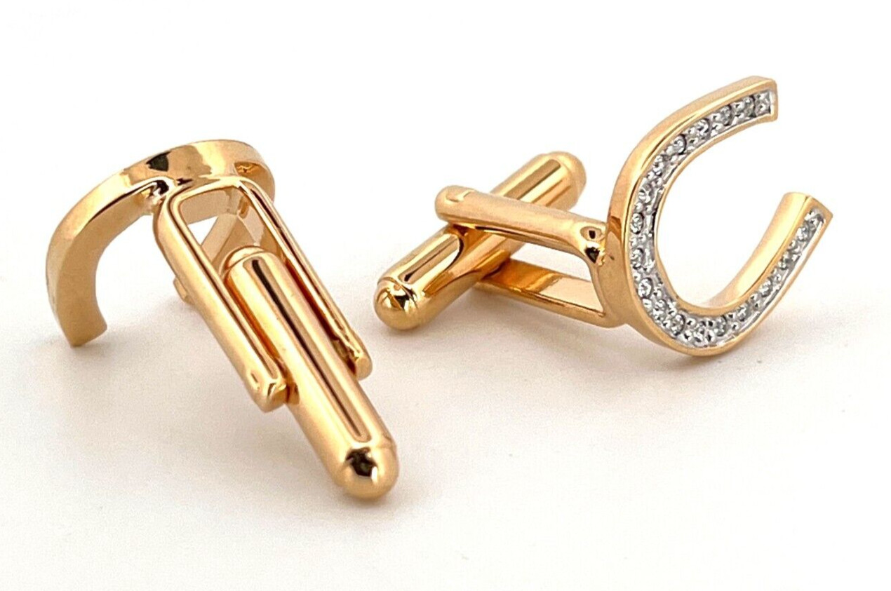 Lucky Horseshoe Cufflinks Gold Plated Metal Alloy Set With Czech Crystals
