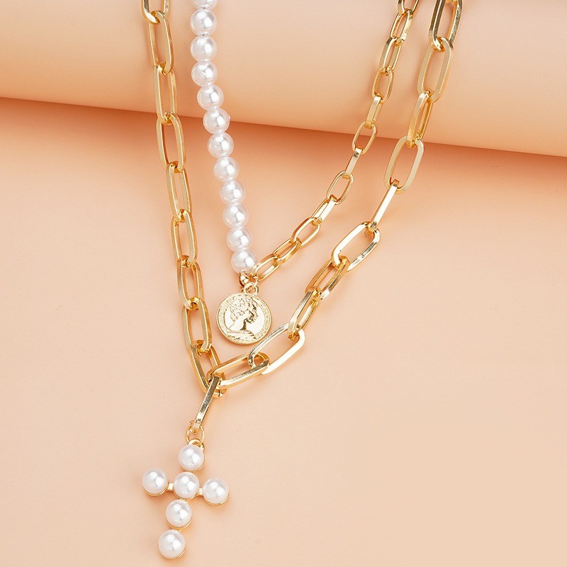 Women’s Hip-hop Cross Imitation Pearl Pendant Necklace Retro Necklace Alloy