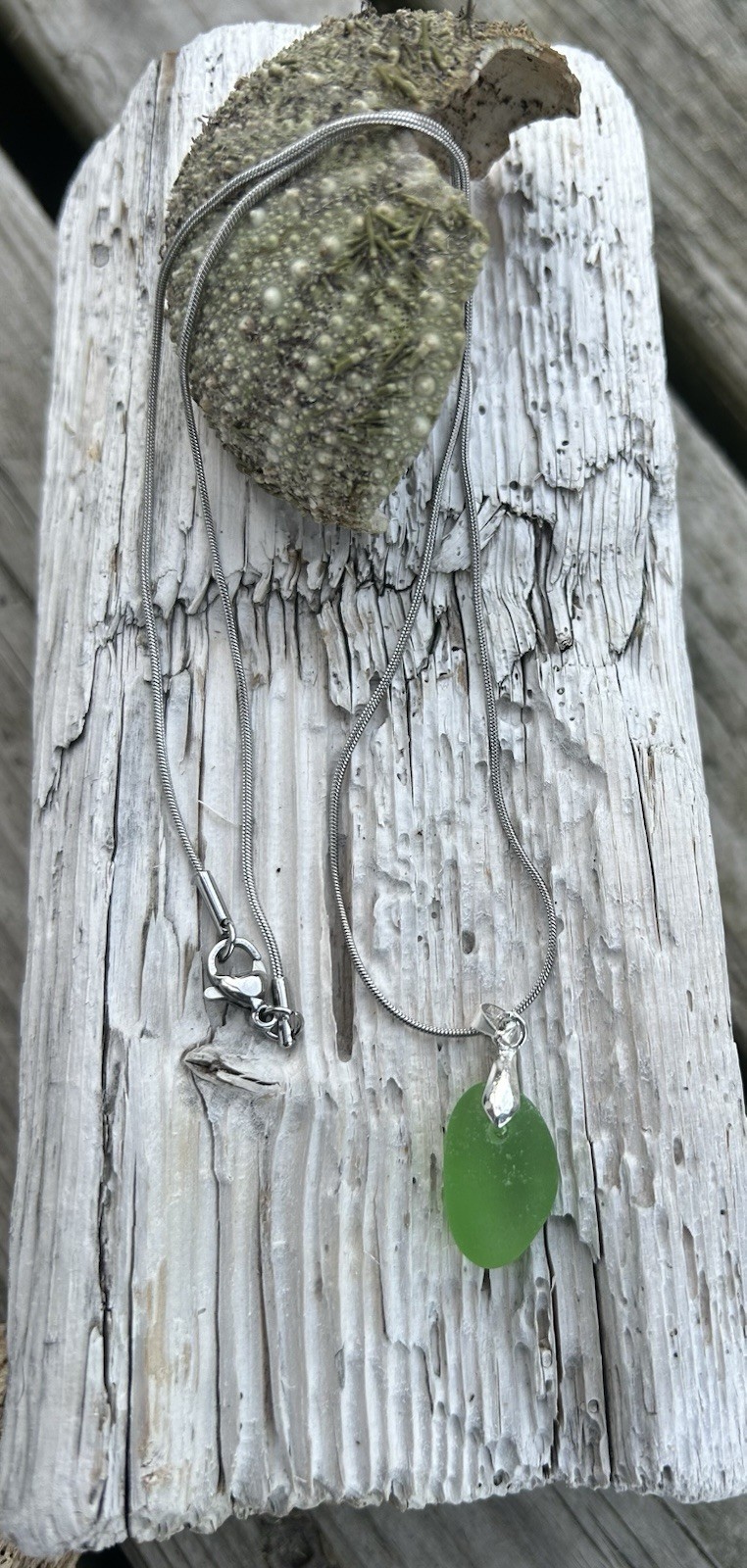 Genuine Green Sea Glass Necklace Stainless Steel Snake Chain 18 Inch