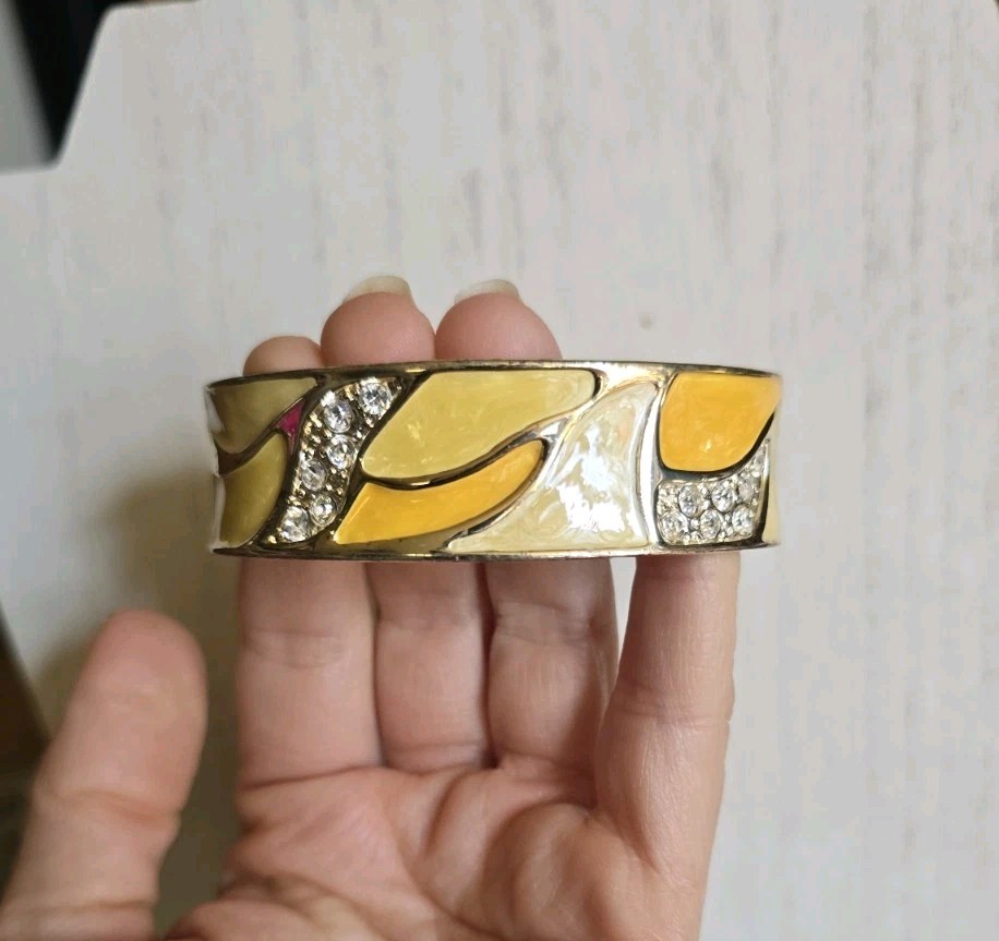 Yellow Enamel Hinged Bracelet Sunflower Silver Gold Tone Rhinestone Fashion
