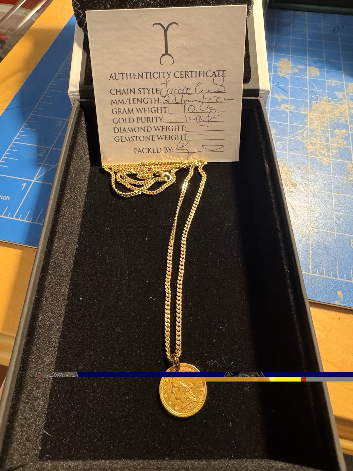 22 Inch 14kt Jacoje Baby Curb 2.4mm Gold Chain With 1852 $2.50 Gold Coin