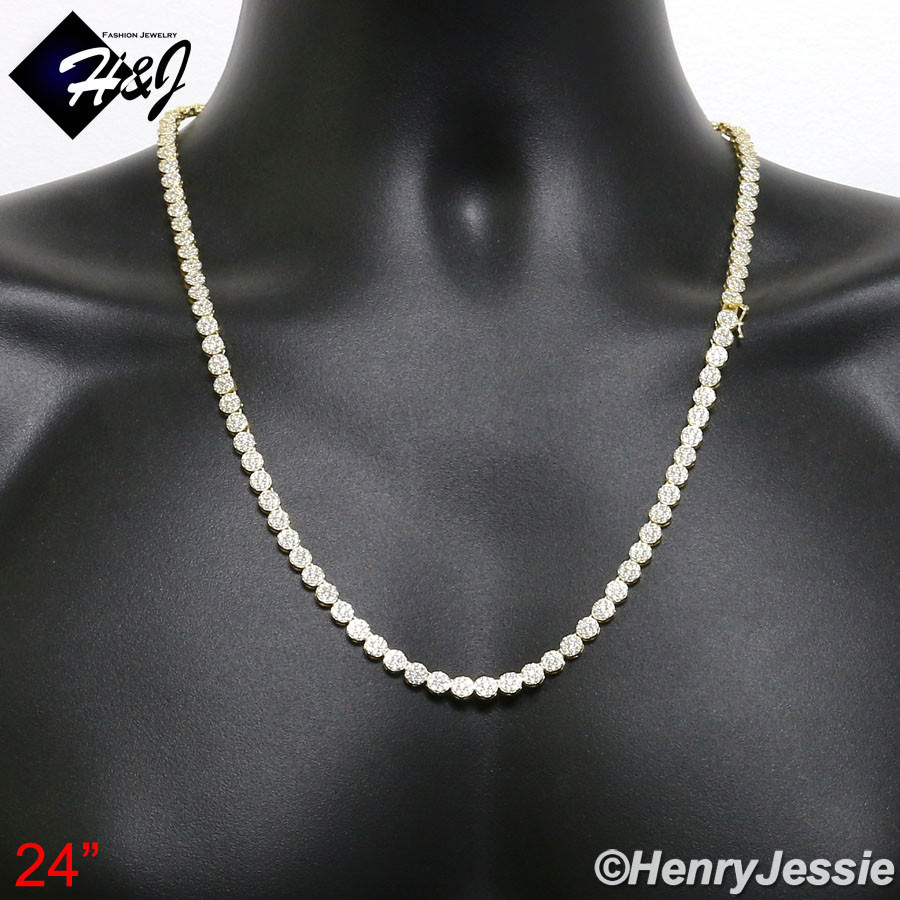925 STERLING SILVER 18-30″X5MM GOLD PLATED 1 ROW ICY CZ CLUSTER NECKLACE*GN15