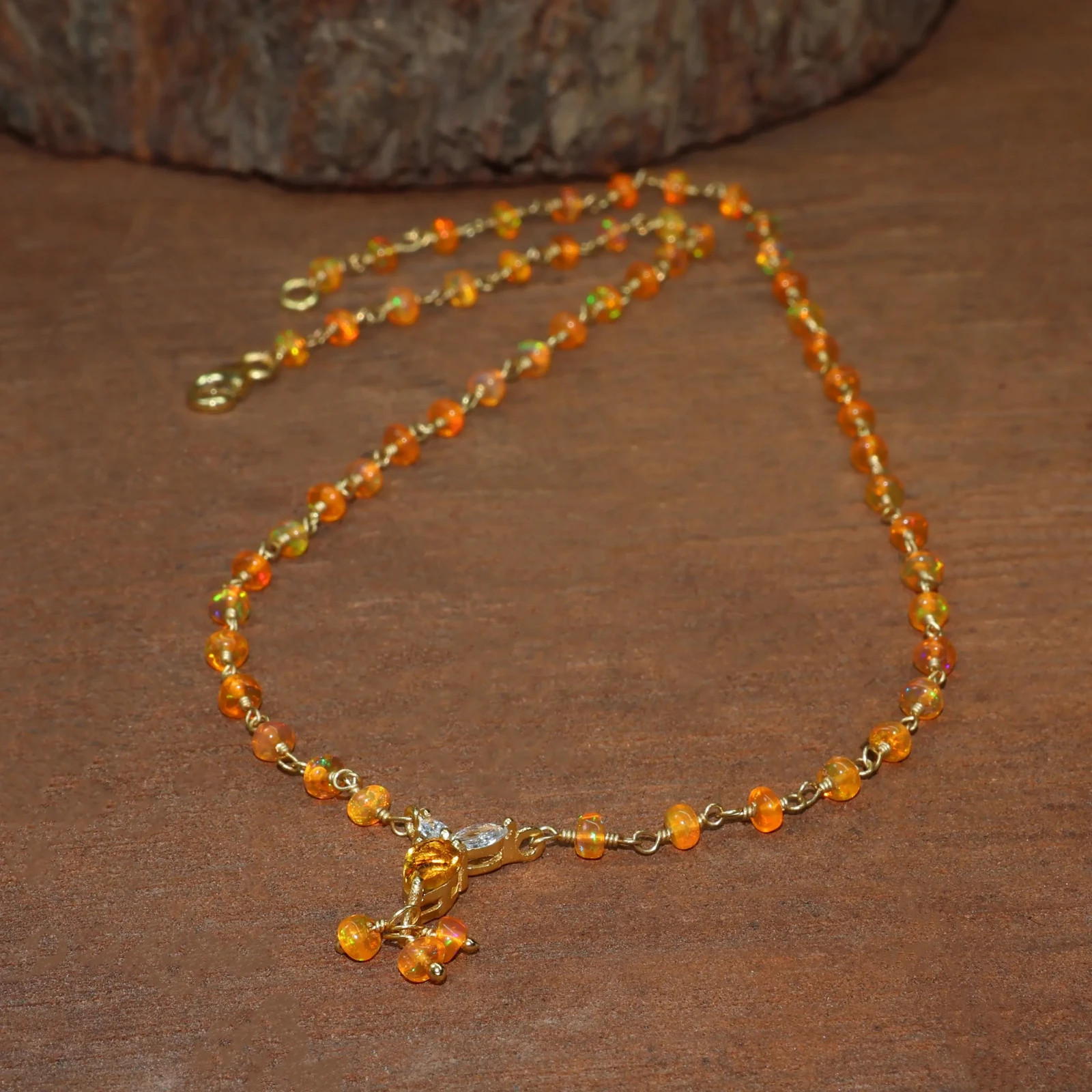 Orange Opal Necklace with Citrine Drop, Beaded Chain Jewelry, Bright Gemstone