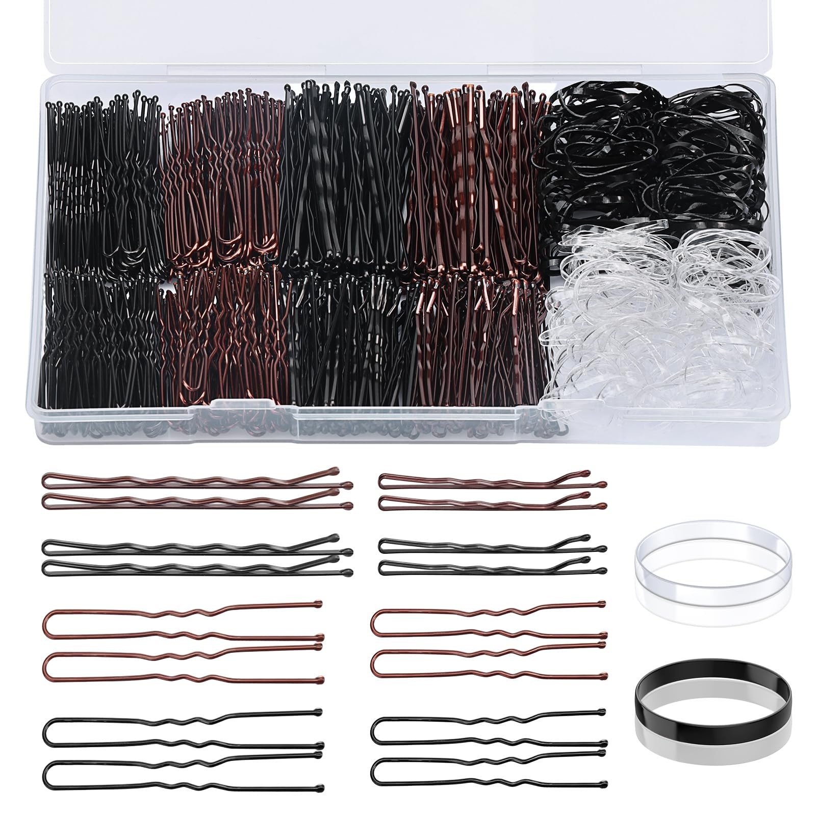 600PCS Bobby Pins Hair Pins Kit, Brown & Black Hair Clips & Bands with Storag…