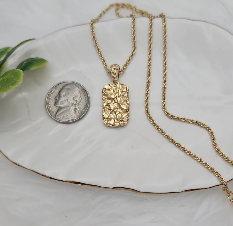 Gold Nugget Necklaces, Small Dog Tag Pendant, 1mm Rope Chain, 14k Plated Gold
