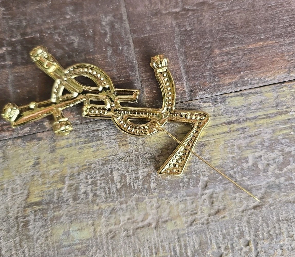 YSL Yes Saint Laurent Paris Brooch Pin Multi Color Gold Tone & Rhinestones