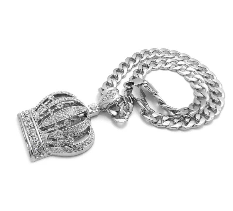 Hip Hop Silver Plated Alloy Cubic Zirconia King Crown Charm Cuban Chain Necklace