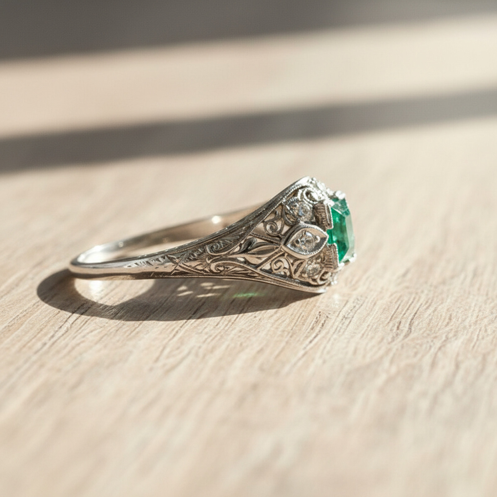 14K Gold Vintage Style Green Princess Simulated Diamond Filigree Engagement Ring