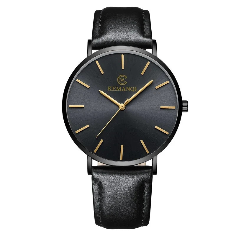 Men Trendy Ultra Thin Minimalist Watch Slim Leather Strap Stainless Steel Quartz