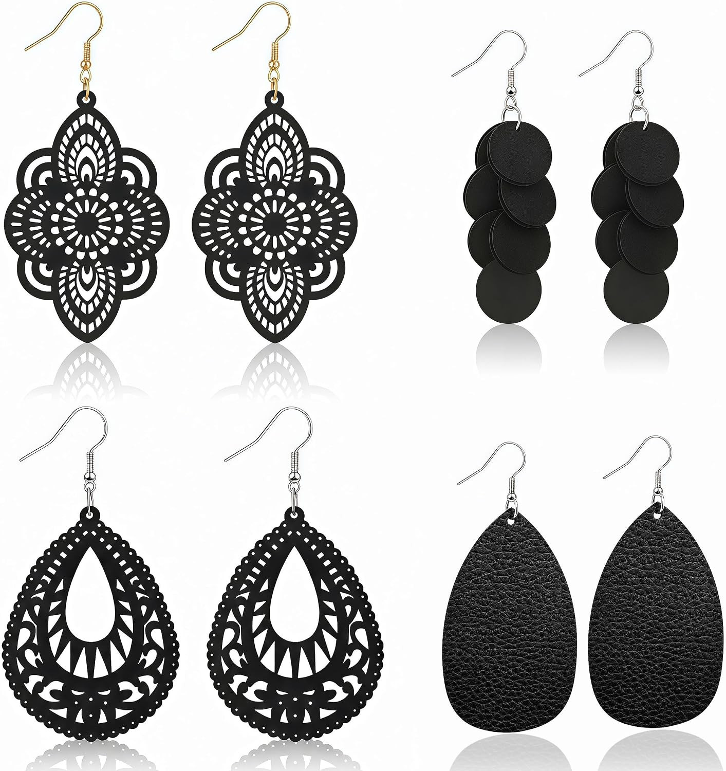 Boho Wood Dangle Earrings for Women, Lightweight Laser Cut Hollow Geometric Drop