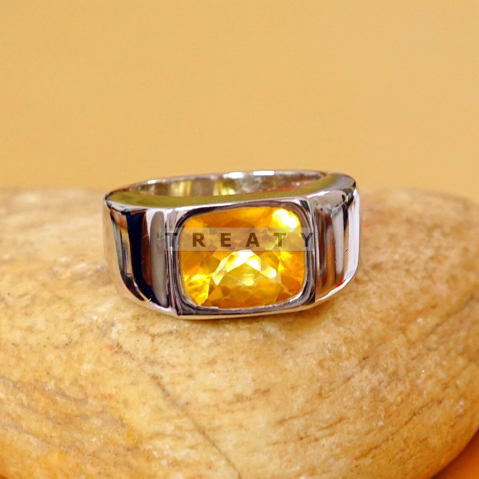 Citrine Cushion Cut With 925 Sterling Silver Gold Plated Ring For Men’s #B793