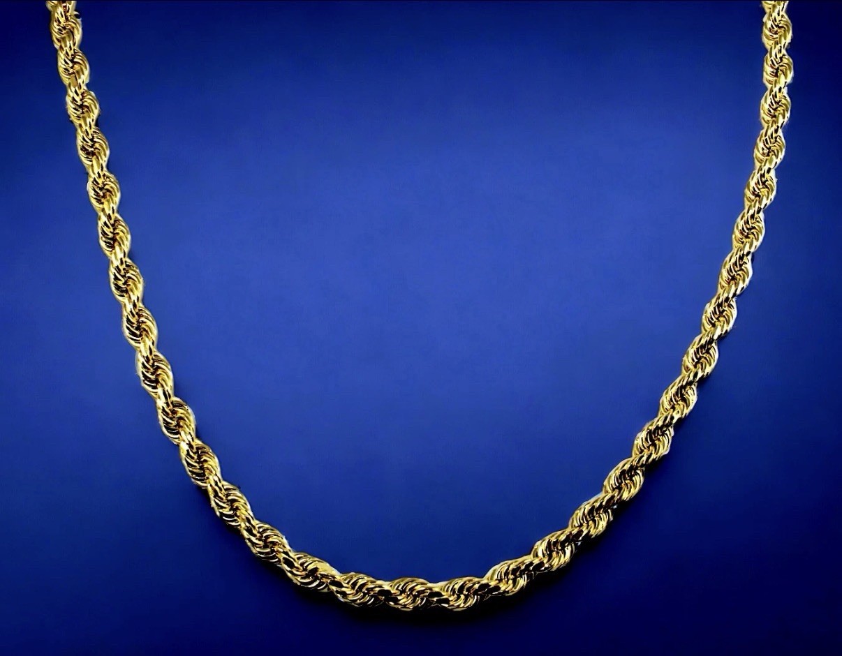 10K Gold Rope Chain Necklace, Lobster Clasp, 22inch 6mm
