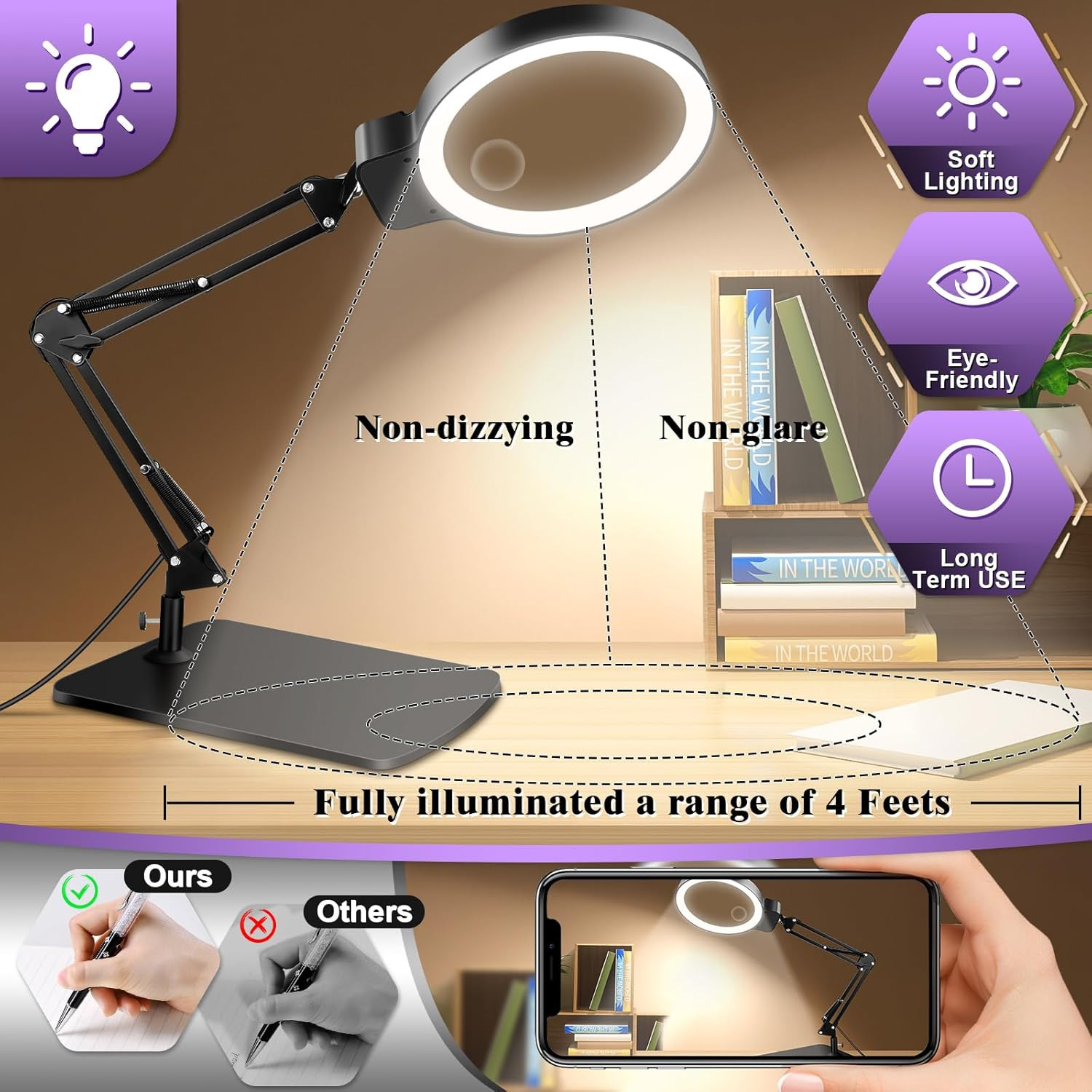 10X 30X Large Magnifying Glass with Light and Stand, 5-Inch Lighted Magnifier, 7