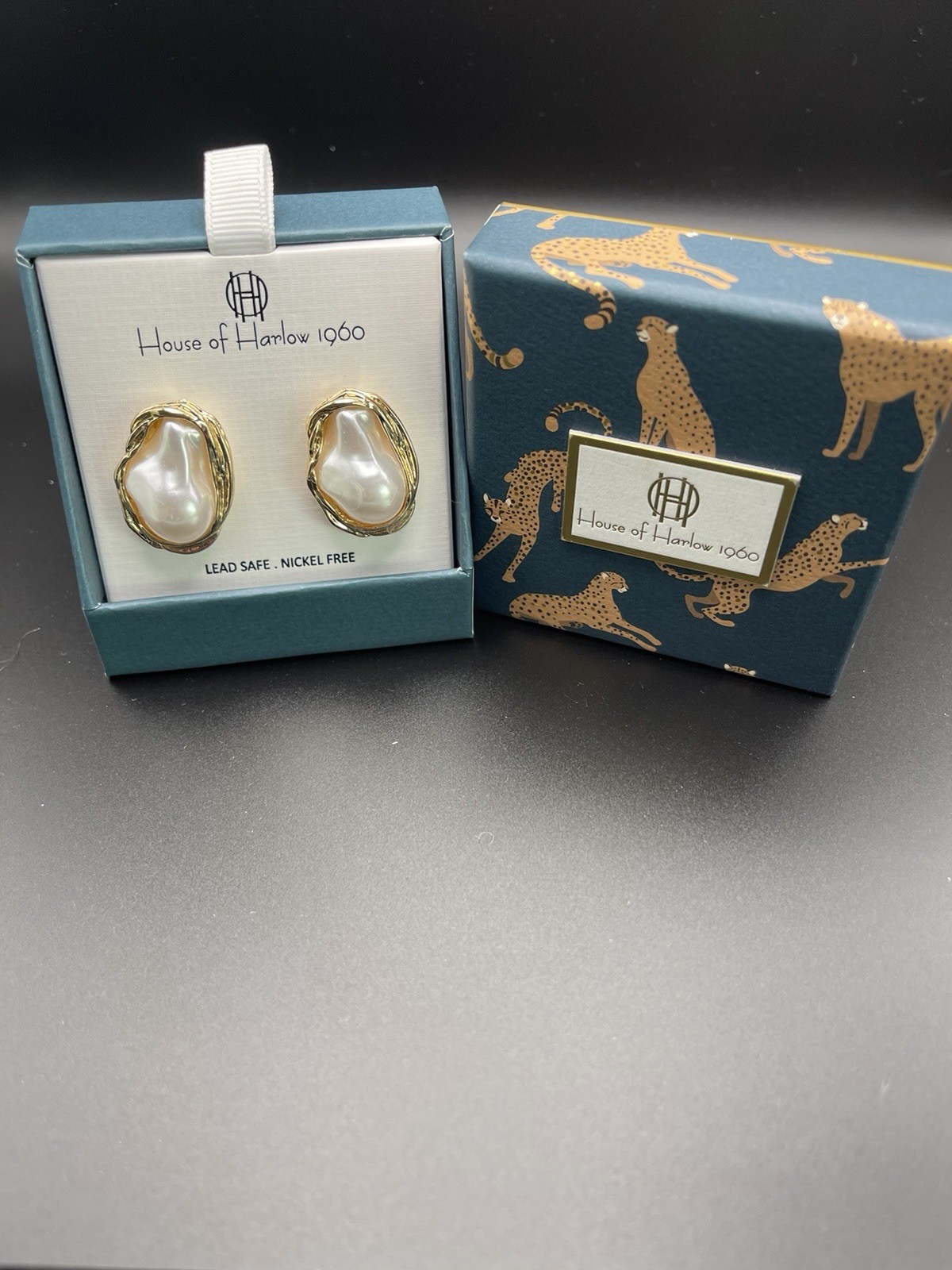House of Harlow 1960 Baroque White Pearl Gold Tone Stud Earrings Nickel-Free