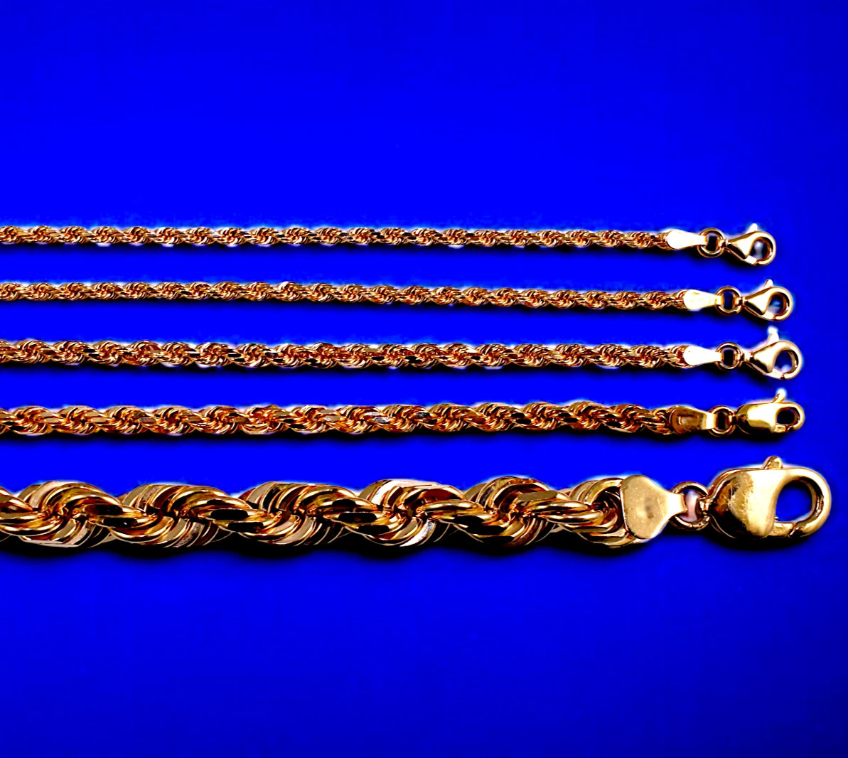 10K Rose Gold Rope Chain Necklace Bracelet Diamond Cut Real Gold 2mm-7mm 7″-30″