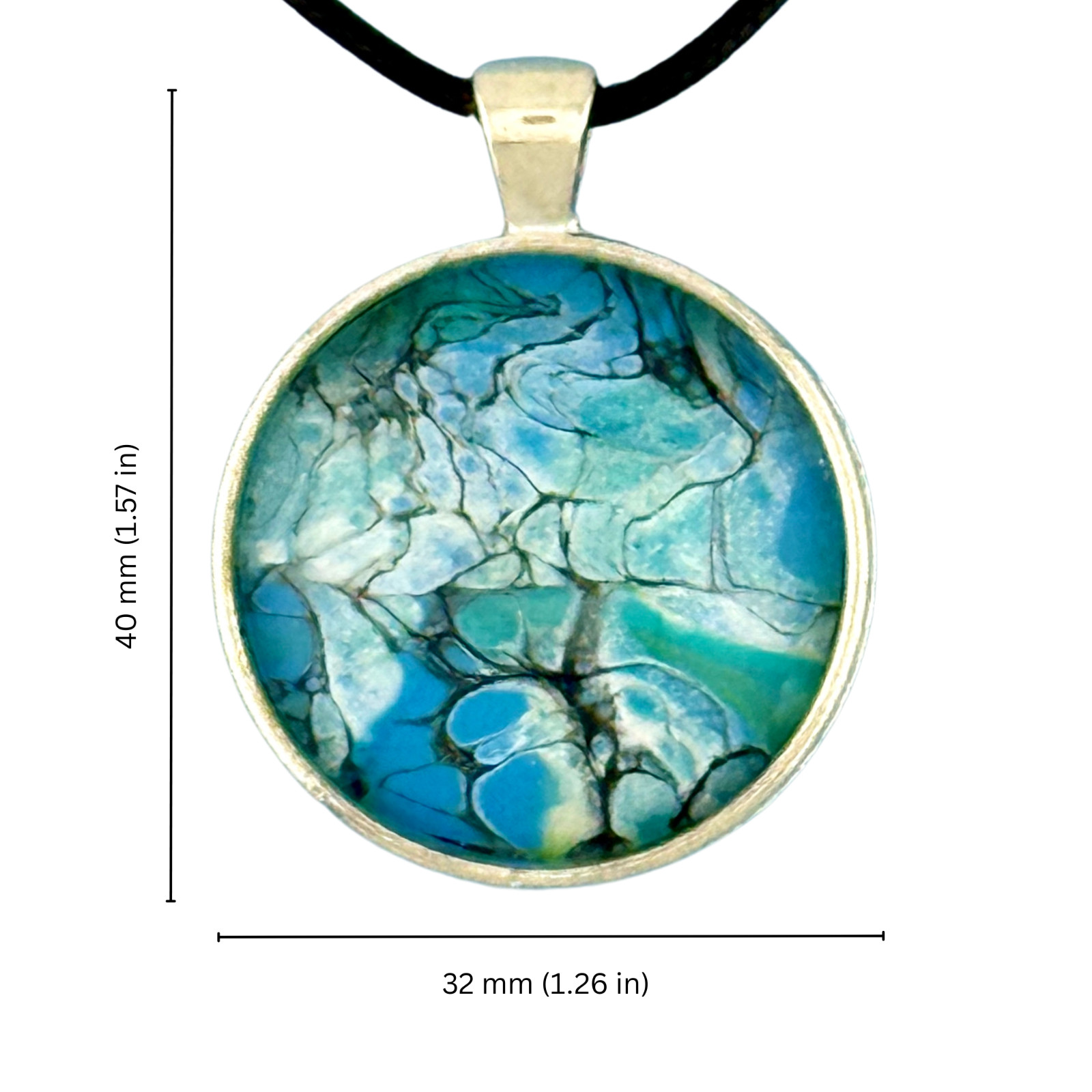 Pendant Necklace Handmade “Alaska Waters” Silver Bezel 30mm Black Cord