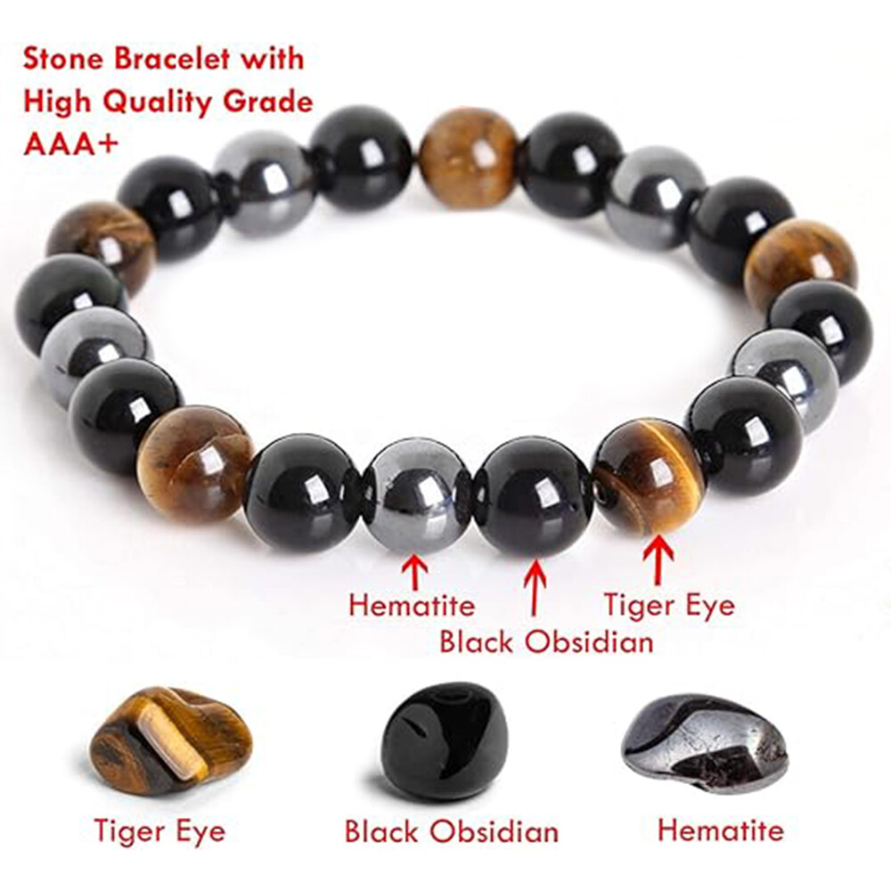 Energy Healing Stretch Bracelet Natural Stone Hematite Tiger Eye for Men Women