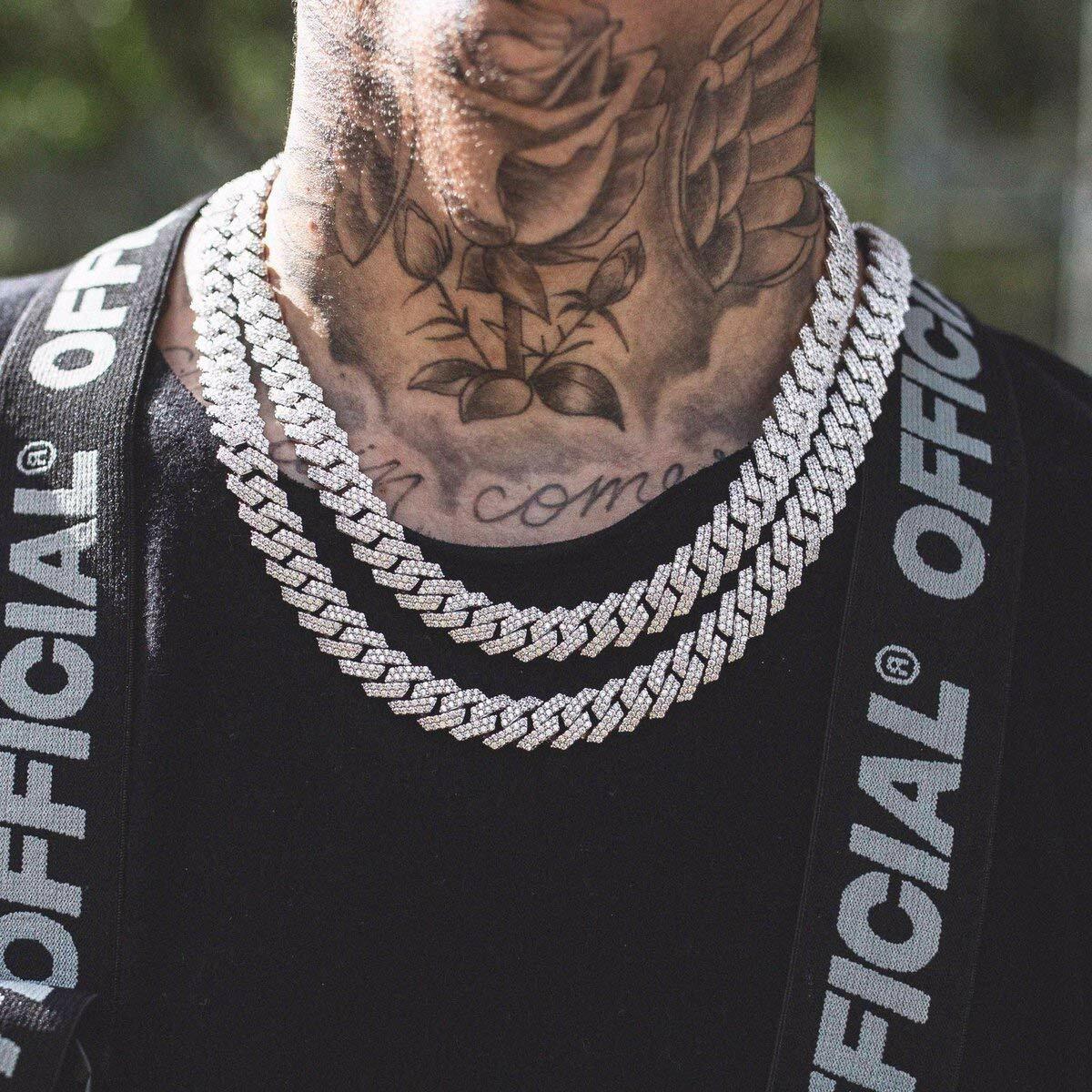White Gold Plated Full Iced CZ Out Stainless Steel Mens Cuban Link Chain 15MM