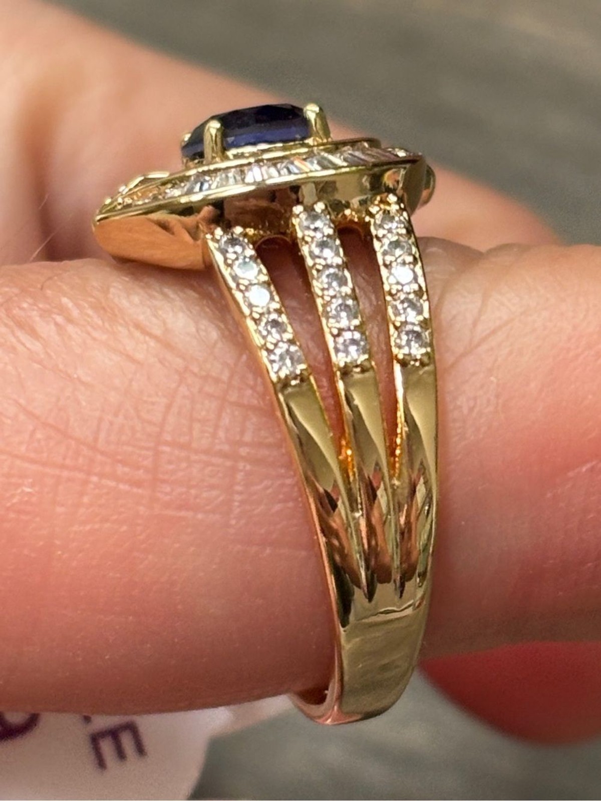 Bomb Party Gold and Blue Sapphire Halo Cocktail Ring – Size 9