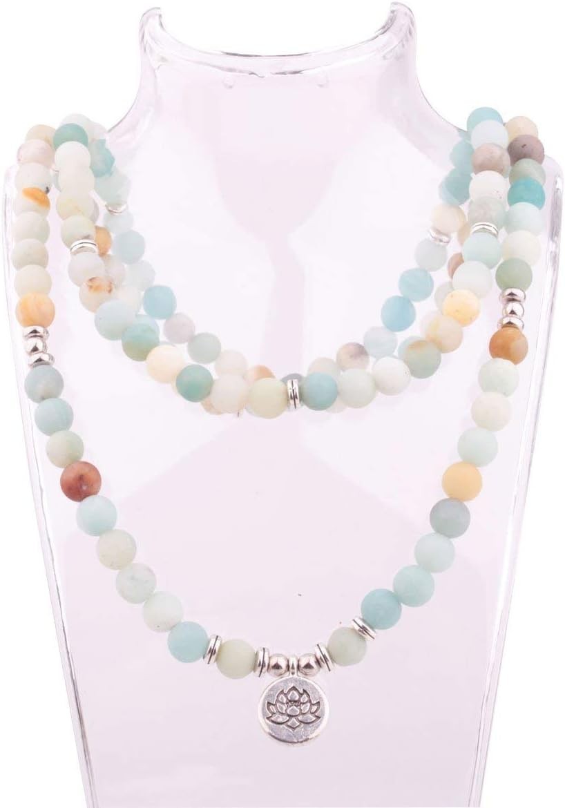 8mm 108 Mala Beads Bracelet Necklace Lotus Charm Amazonite Gemstone Yoga Jewelry