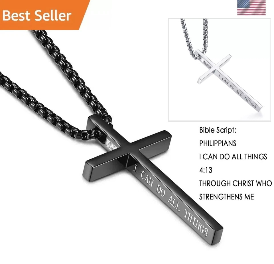 Men Women Cross Necklace Stainless Steel Christian STRENGTH Pendant Chain 24″