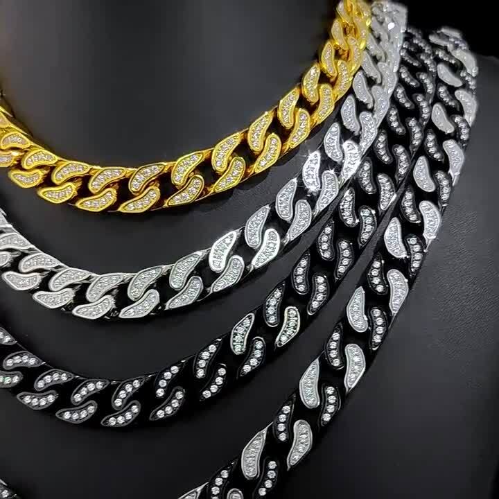 Steel Cuban Link Chain Necklace Full Zircon Mens Jewelry 12mm Hip Hop Stainless