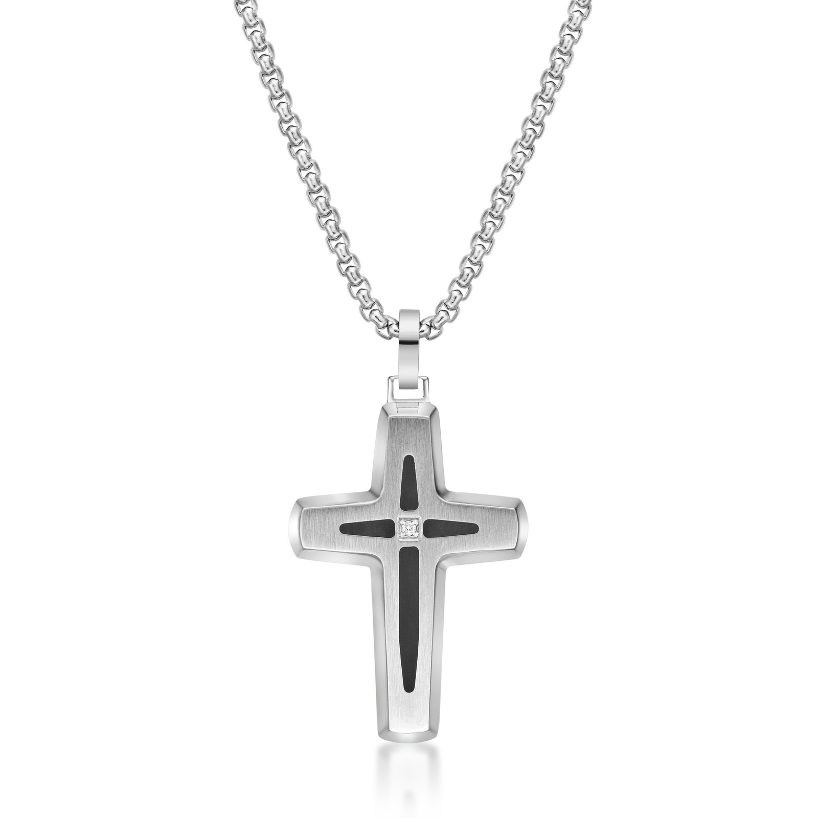Brushed Finish Cross Pendant Black Resin Center .015 Diamonds