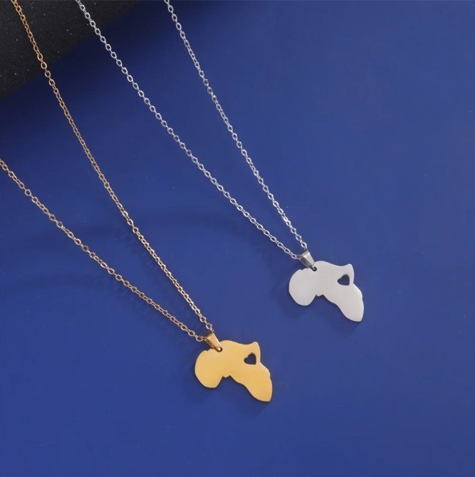 Africa Map Necklace Heart Pendant Jewelry for Women Men Gift, Stainless Steel