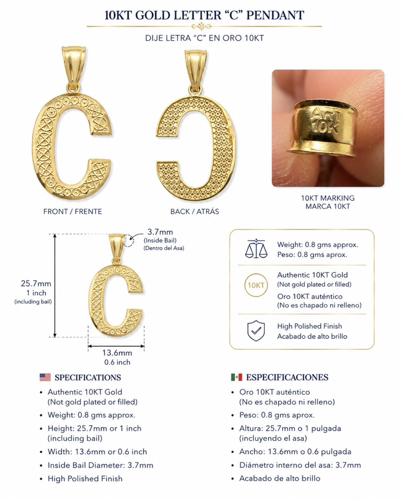 10kt Gold Letter C 0.8gm