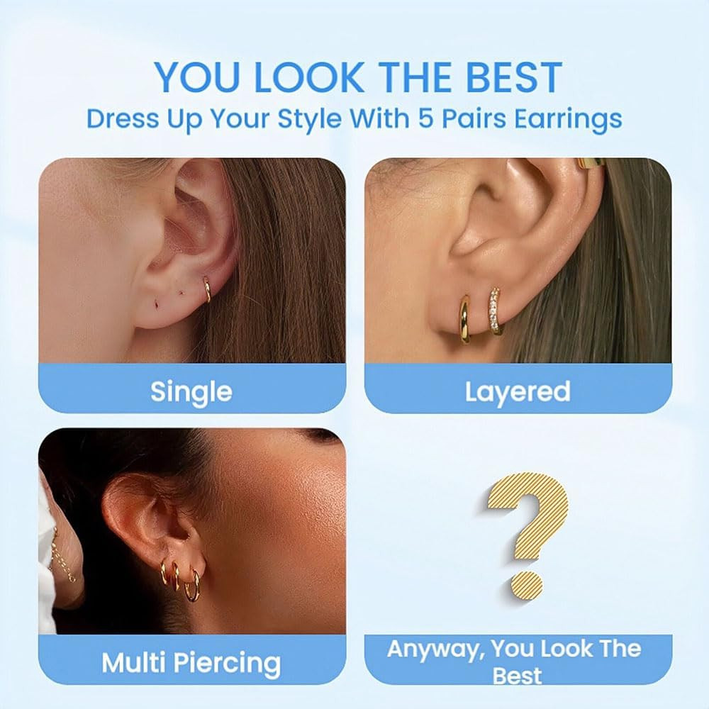 5 Pairs 14K Gold Plated Huggie Hoop Earrings for Women – Lightweight Minimalist