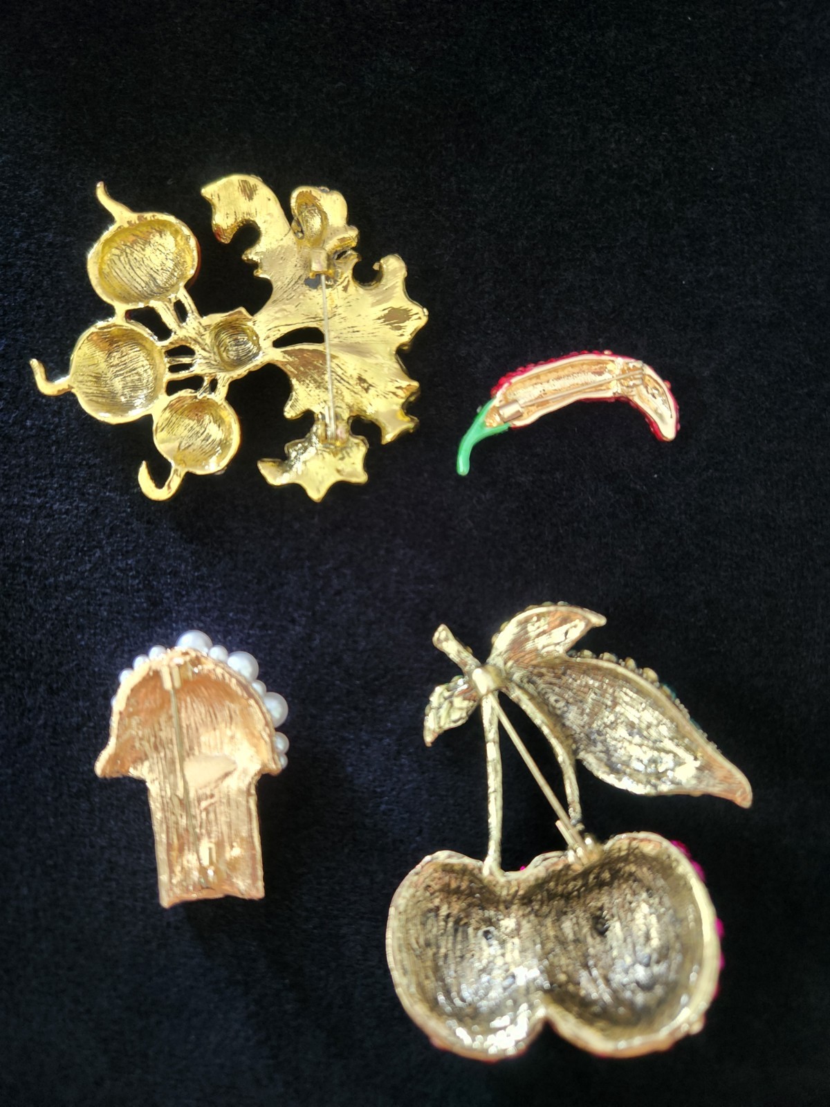 Collection Of Four “Foodie” Brooches Radishes Popcorn Chili Pepper Cherries