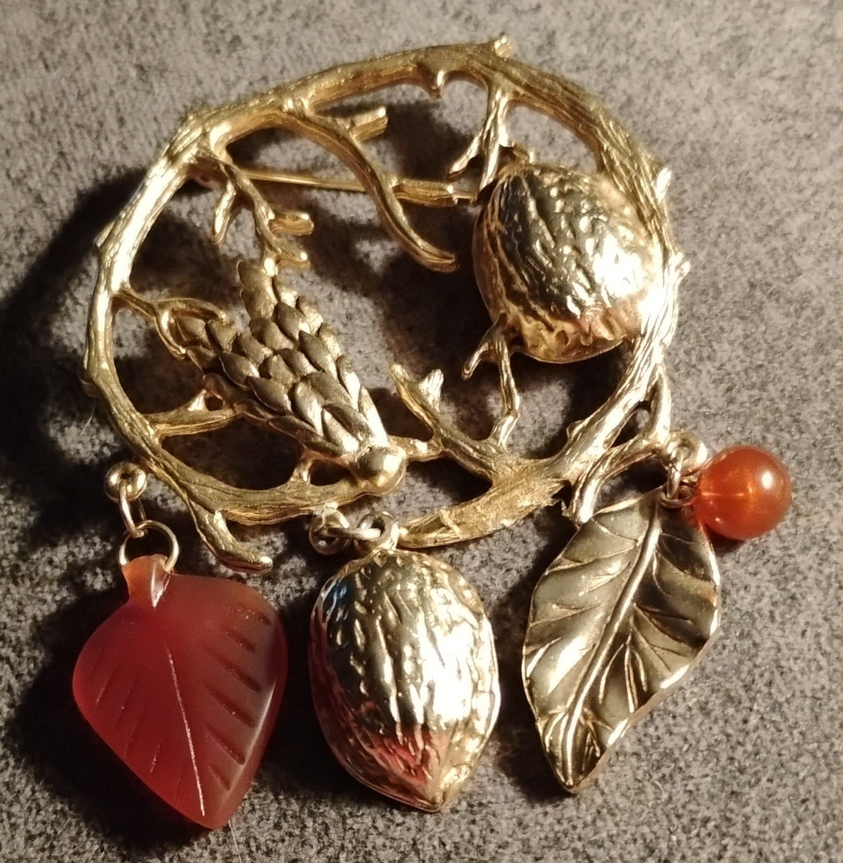 Gold Tone Leaf & Acorn Dangle Brooch Pin w/ Red Leaf Charm, Metal, No Stone