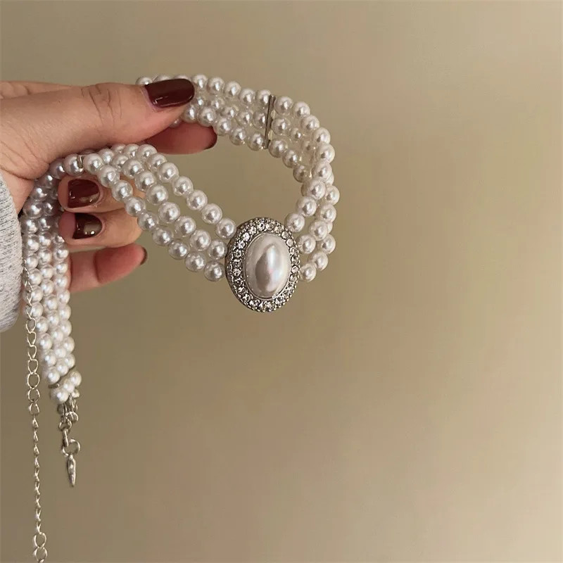 Multi Layer Pearl Necklace, Women’s Jewelry Set with Diamonds Imitation Pearl