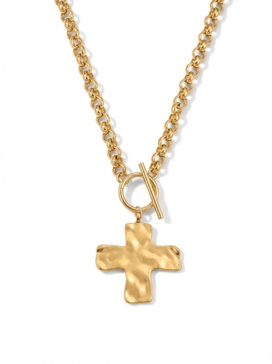 1pc Minimalist Fashionable Gold Hammered Thick Cross Pendant Necklace
