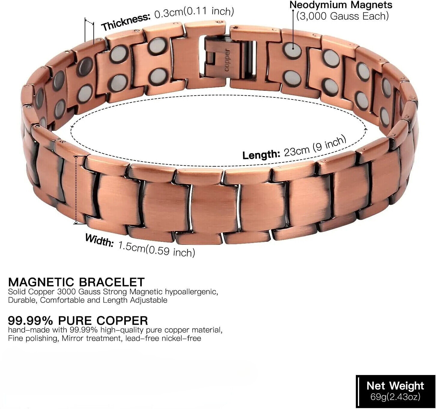 2 Pack Pure Copper Magnetic Bracelet Arthritis Pain Therapy Energy Cuff Bangle