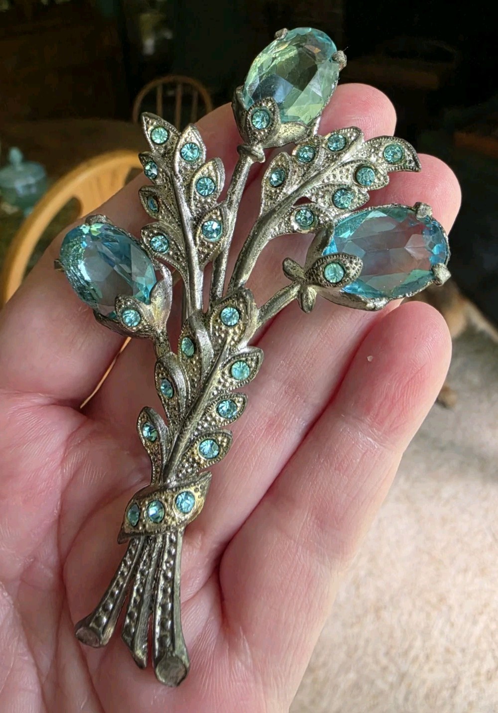 Silvertone Pot Metal Aqua Colored Glass Brooch Unsigned