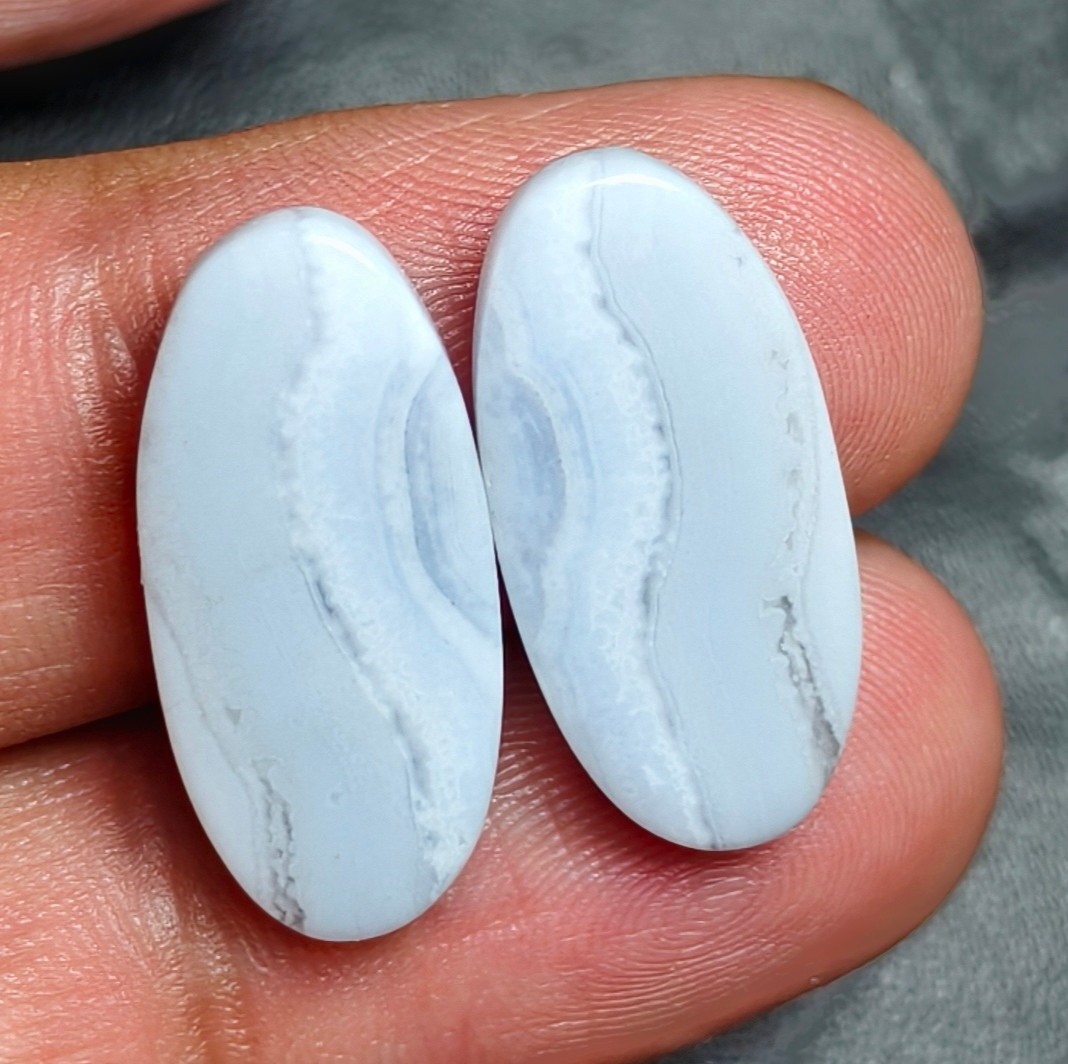 Natural Blue Lace Agate Oval Cabochon Pair, Matching Loose Gemstone For Earrings