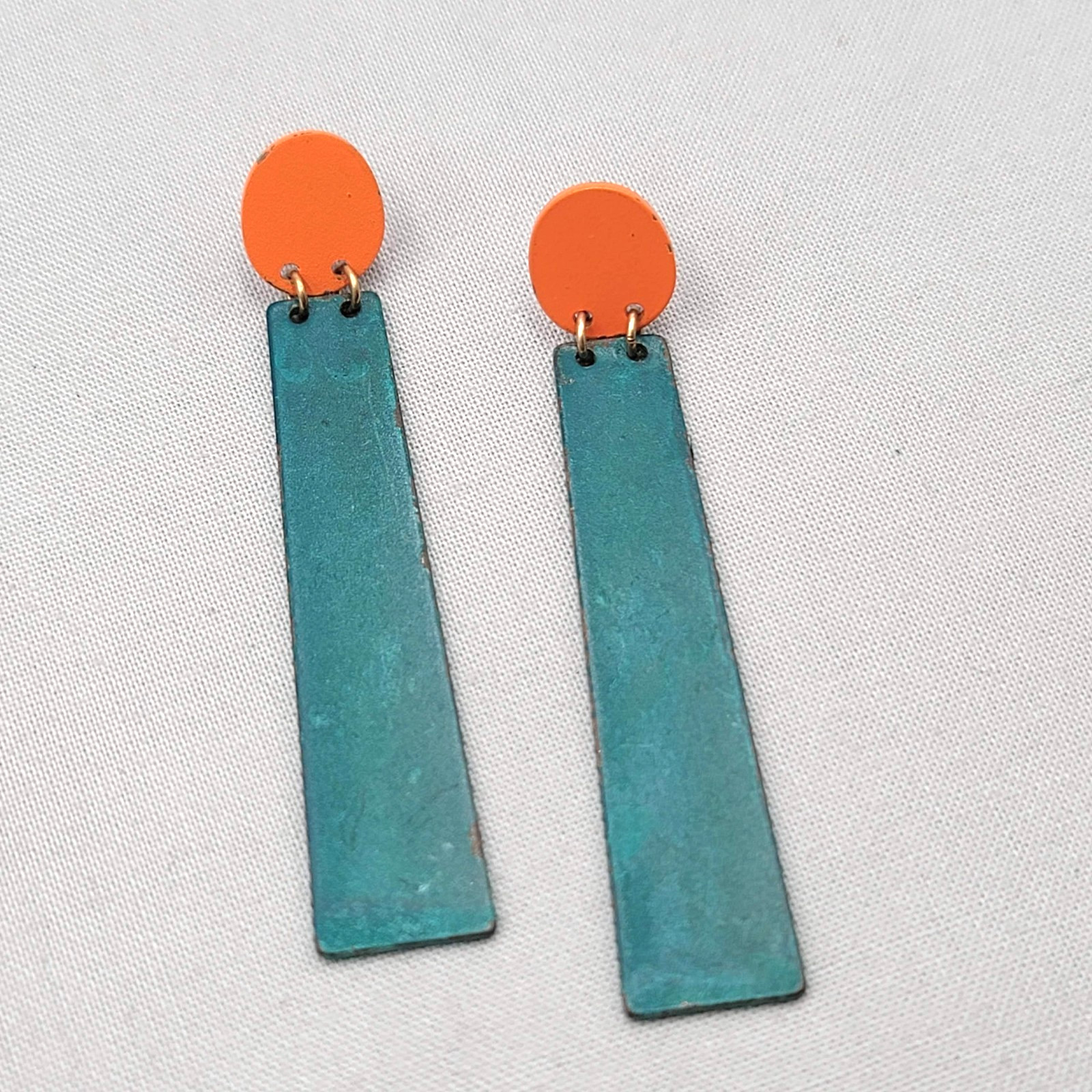 Modernist Green Orange Enamel Pierced Earrings Statement Dangle 2 5/8″