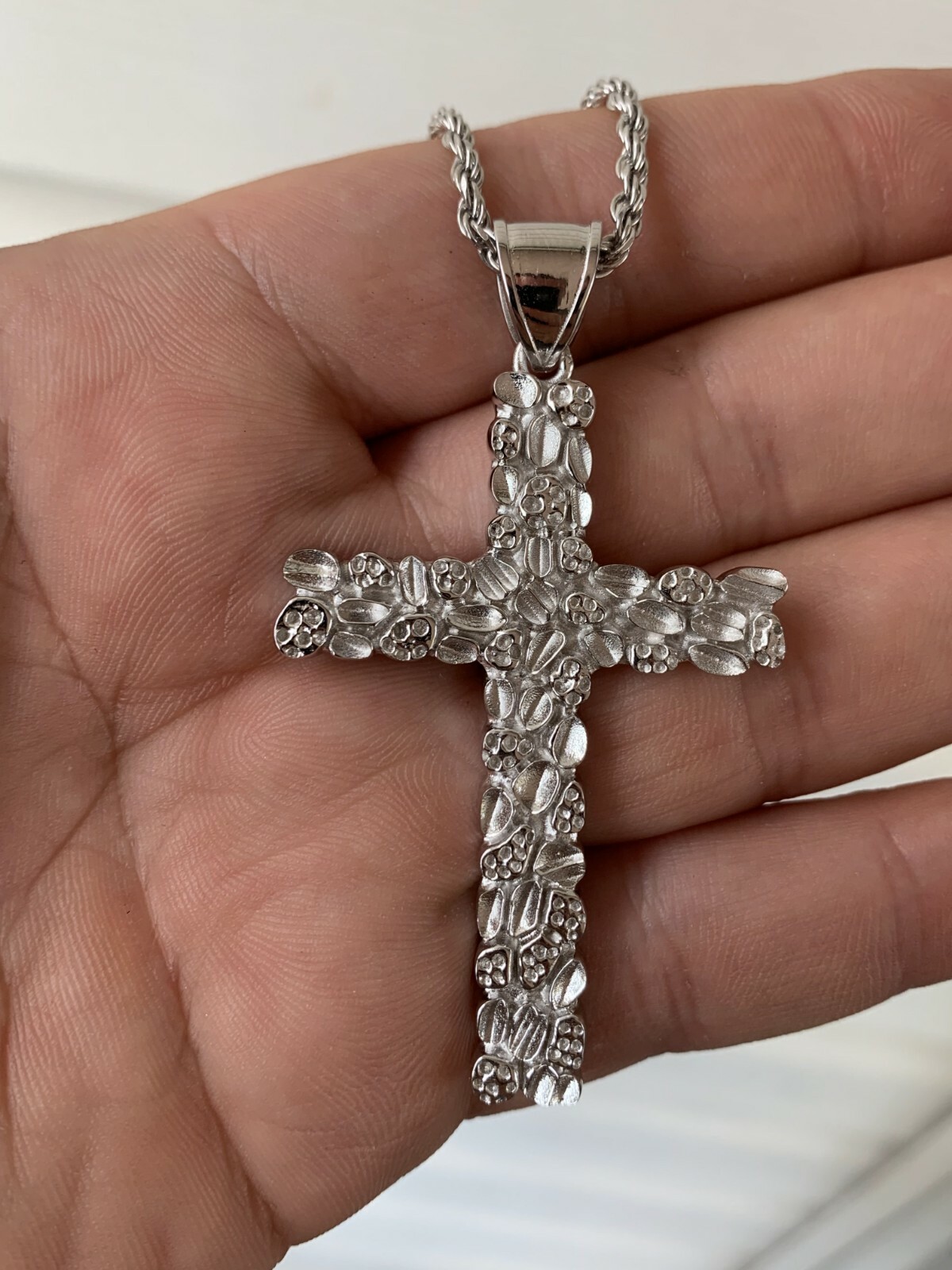 Mens Large 2.25″ Solid 925 Sterling Silver Nugget Cross Pendant Crucifix Chain