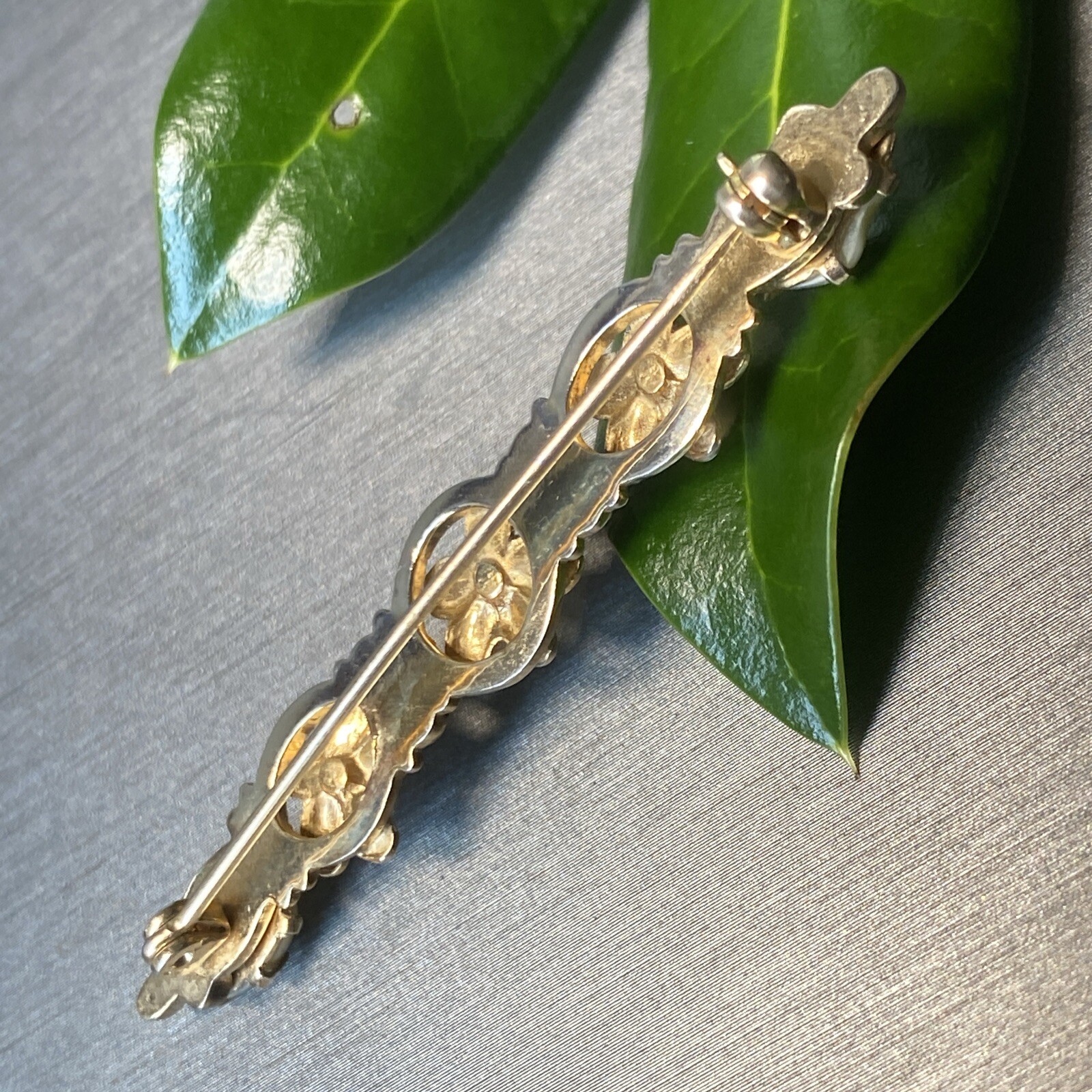 Vintage Pearl Bar Brooch Estate Fine Jewelry Pre-owned Sterling Silver Vermeil